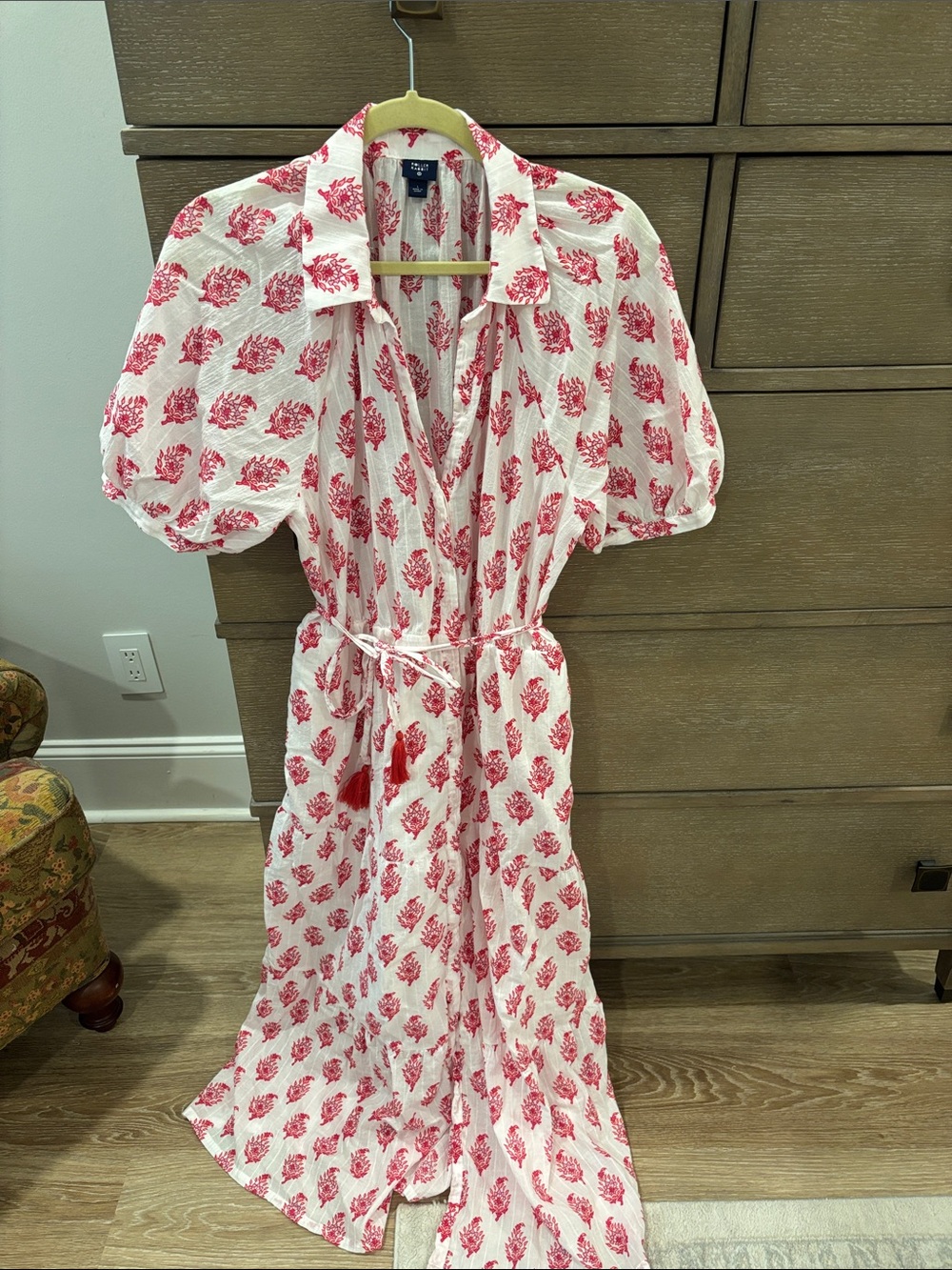 White Maxi Shirt Dress with Pink Floral Motif